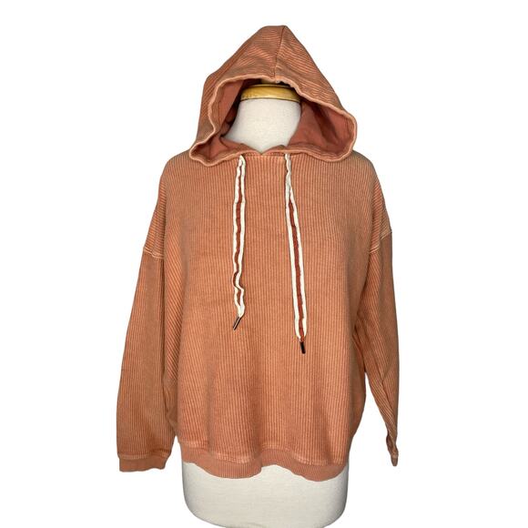AERIE AE Ribbed Crop Hoodie in Buff Orange Size Medium Womens Relaxed Drawstring - Picture 1 of 10